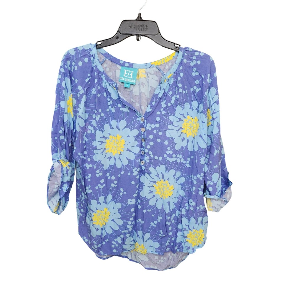 Escapada Womens Large Blue Yellow Floral Roll Tab Sleeve Rayon pullover Coastal‎